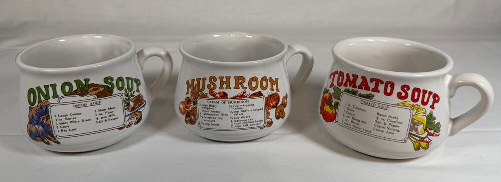 Vintage Recipe Soup Mugs Set of 3 Tomato Onion Mushroom 12 Oz Ceramic Retro